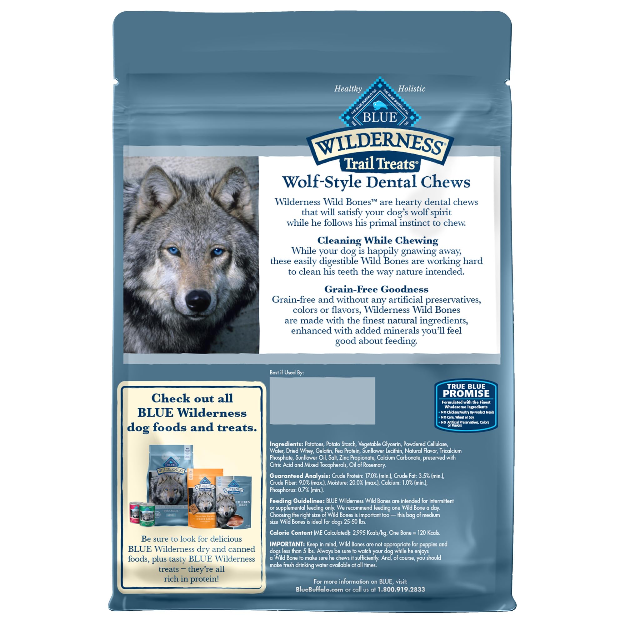 Blue Buffalo Wilderness huesos dentales sin granos, ingredientes simples para dientes sanos