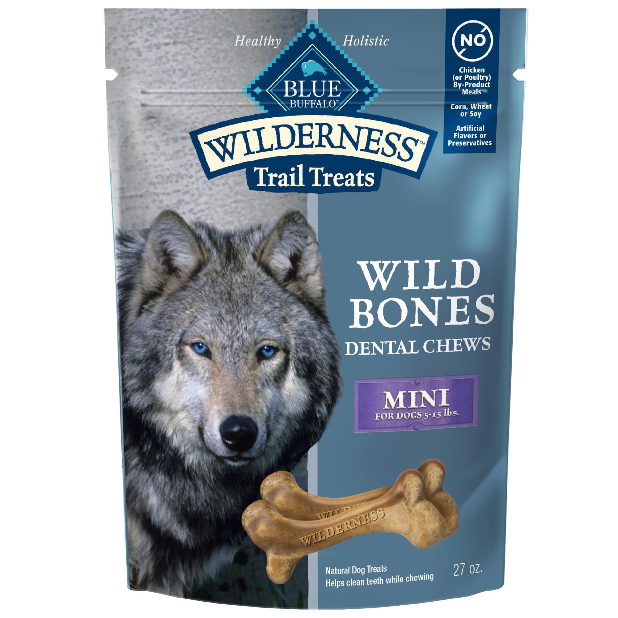 Blue Buffalo Wilderness Huesos Mini Dental, imagen de empaque, ayuda a frescura y limpieza dental.