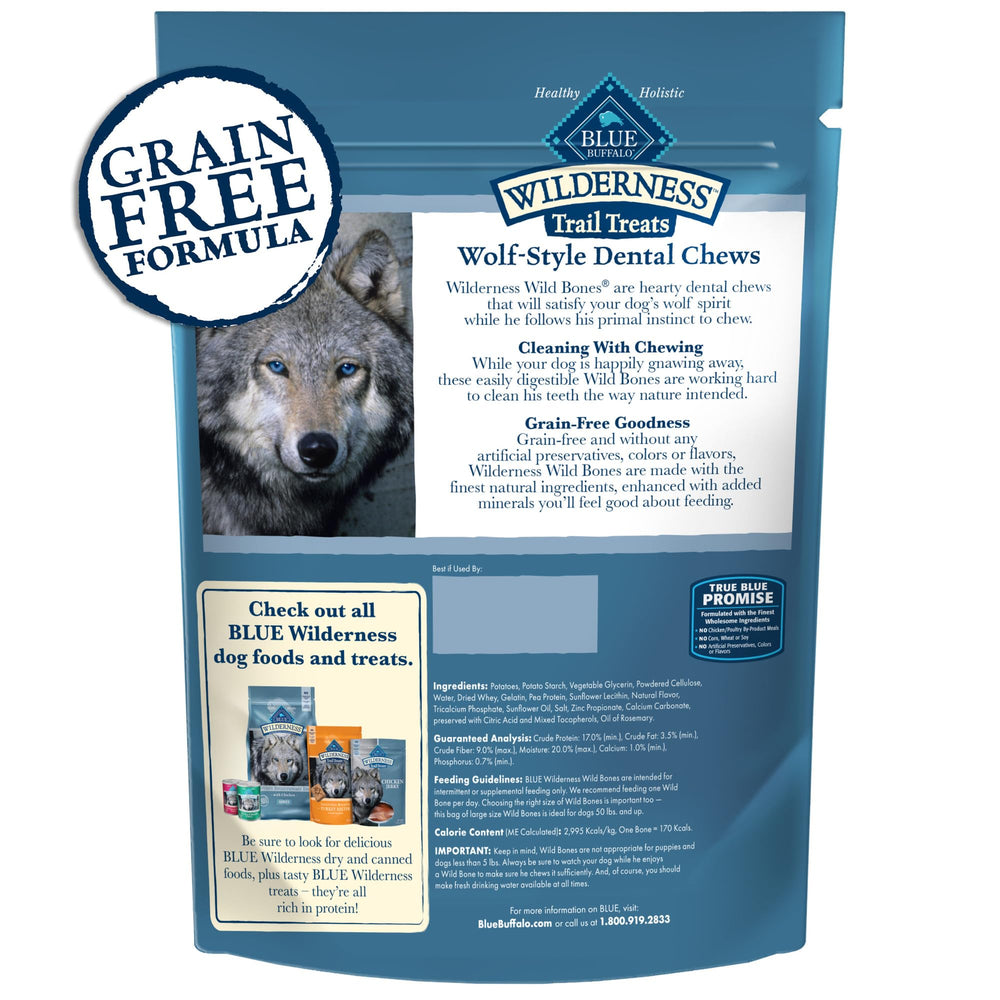 Blue Buffalo Wilderness Huesos Mini Dental, acción de masticación, favorece la higiene dental diaria.