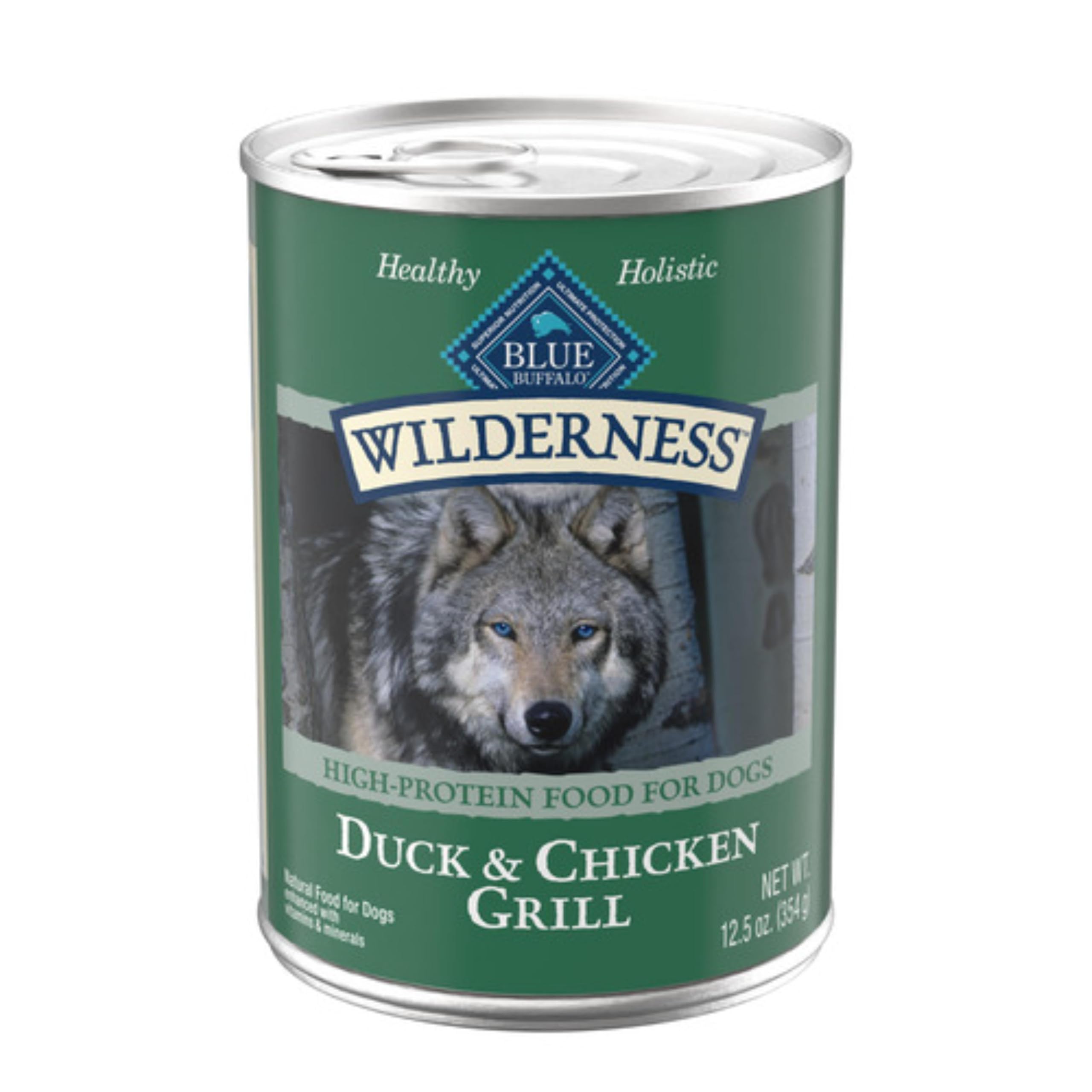 Blue Buffalo Wilderness lata pato y pollo grill para perros activos.