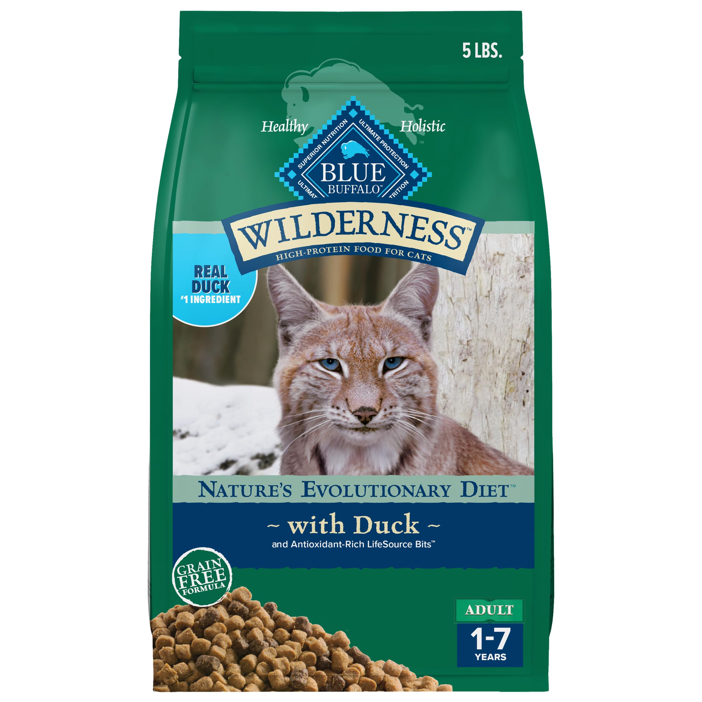 Blue Buffalo Wilderness pato real como primer ingrediente para gatos adultos.