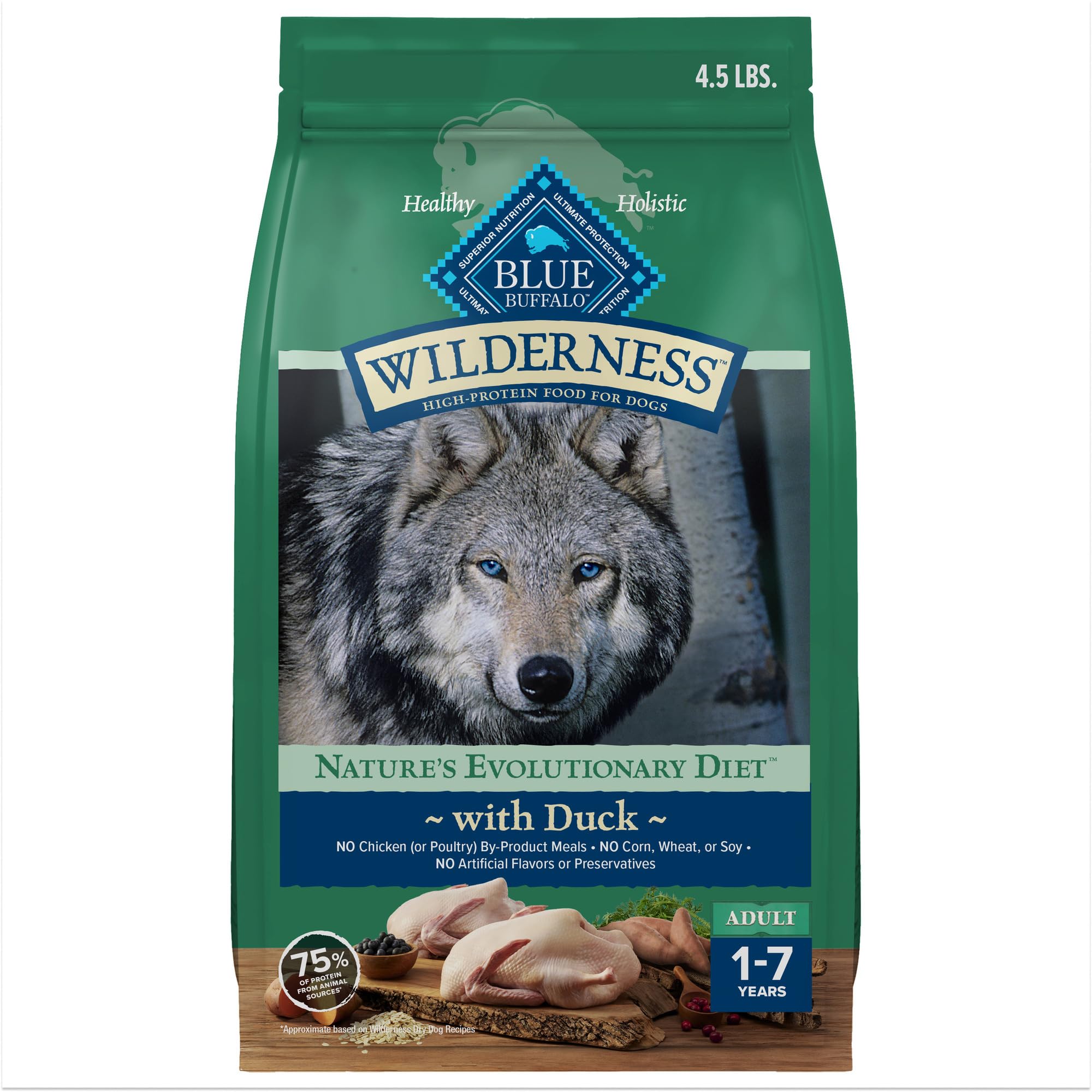 Blue Buffalo Wilderness pato como ingrediente principal para perros activos y satisfechos.