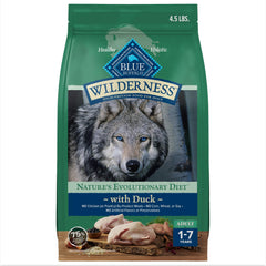 Blue Buffalo Wilderness pato como ingrediente principal para perros activos y satisfechos.