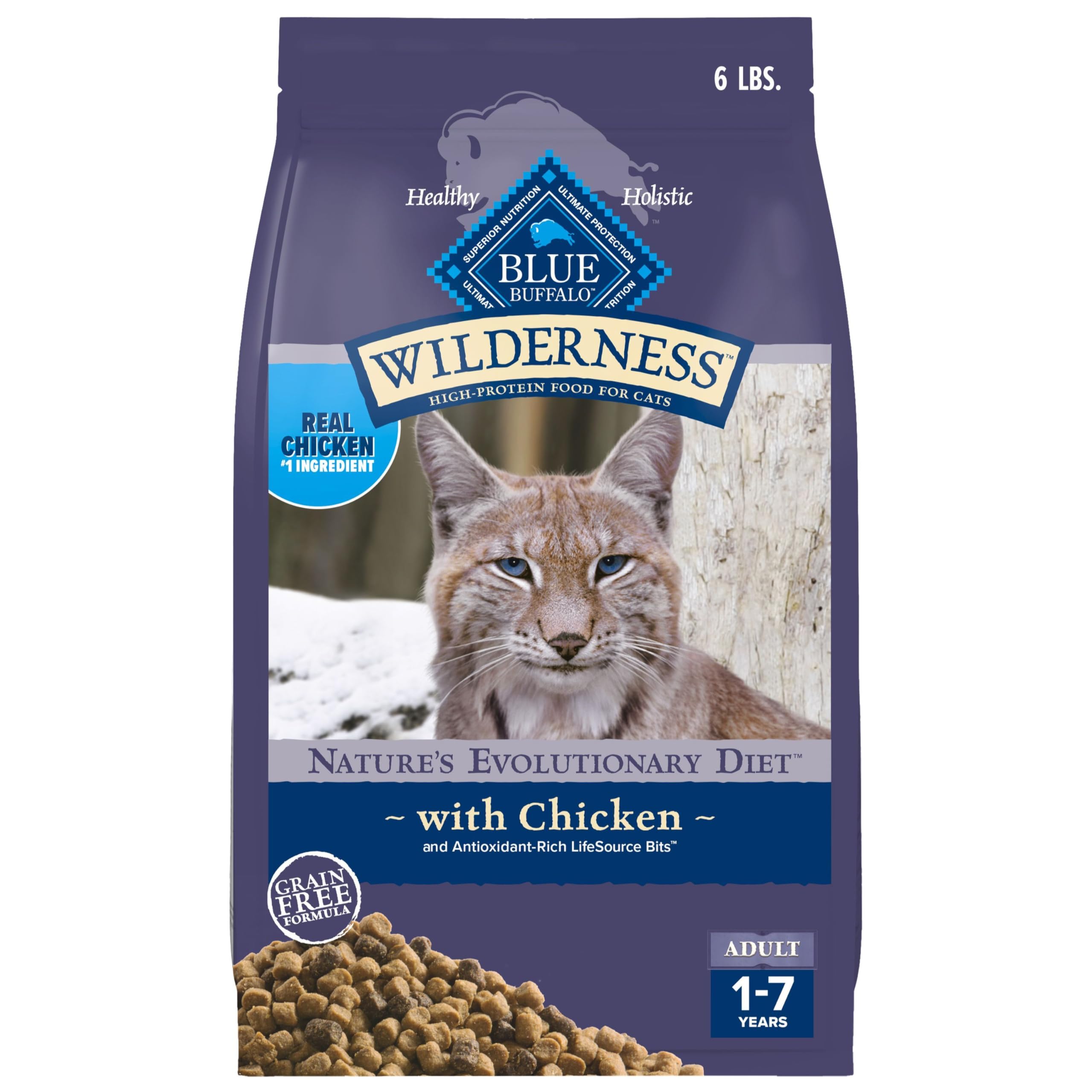 Blue Buffalo Wilderness, pollo principal en empaque, ingrediente principal de alta calidad para gatos.