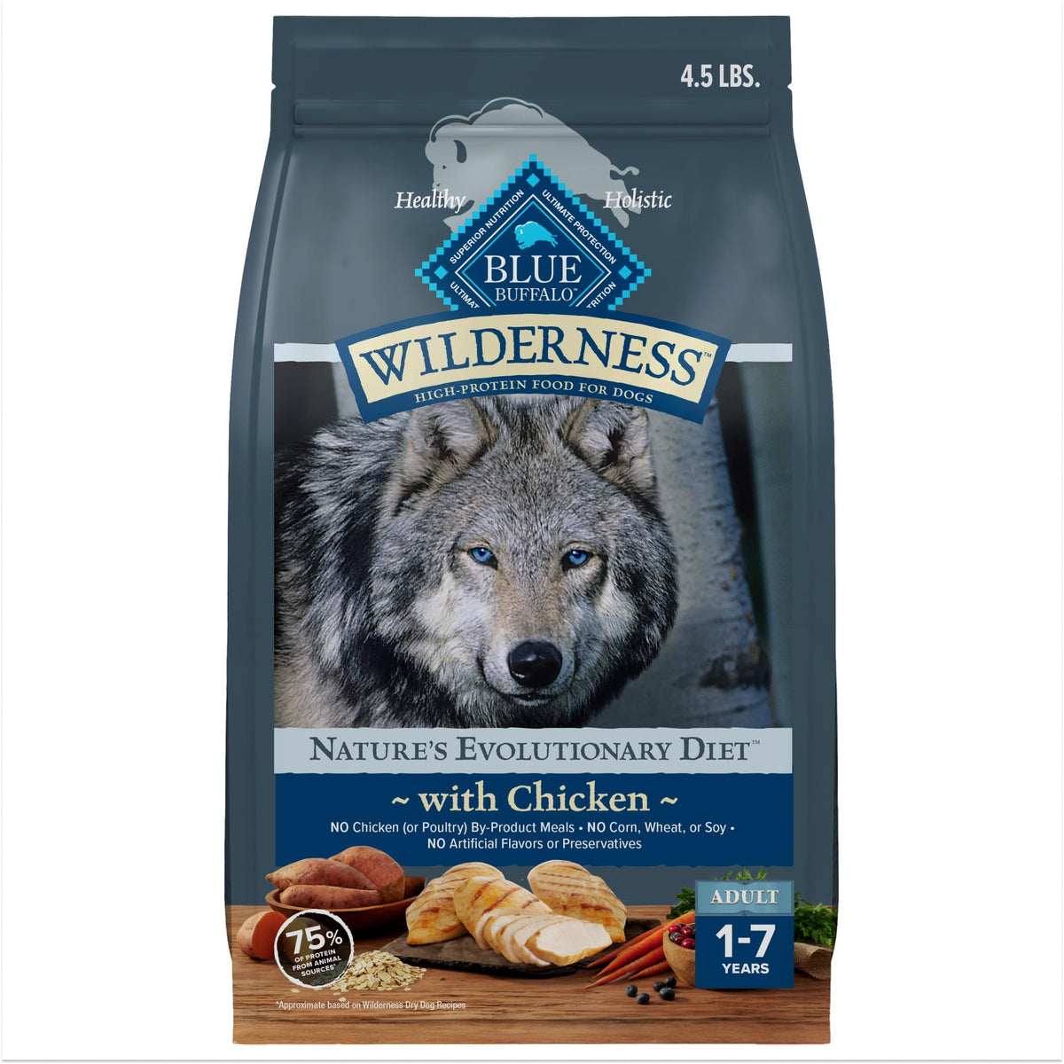 Blue Buffalo Wilderness con pollo real como ingrediente principal para sabor auténtico