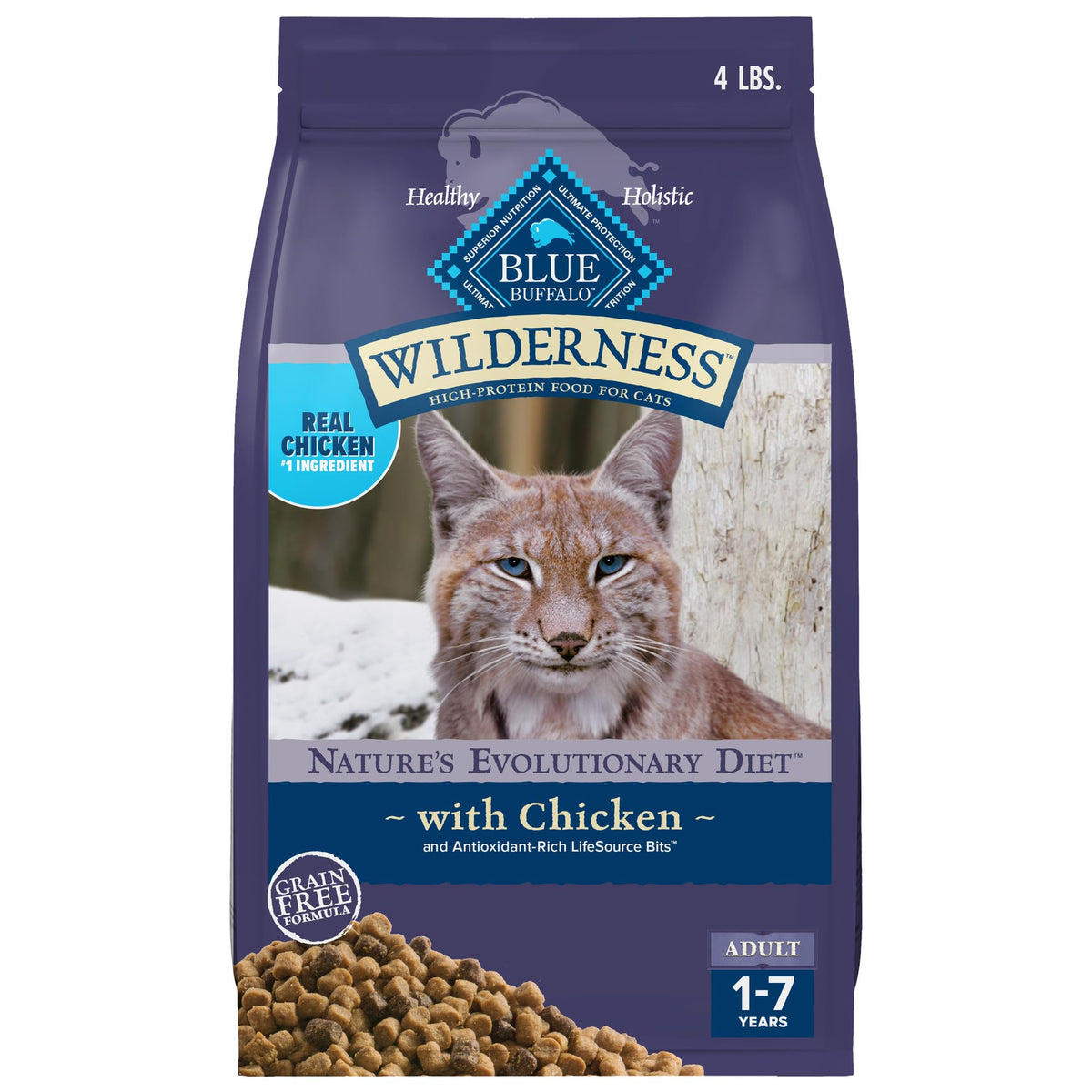 Blue Buffalo Wilderness con pollo real en empaque, alimento seco premium para gatos adultos.