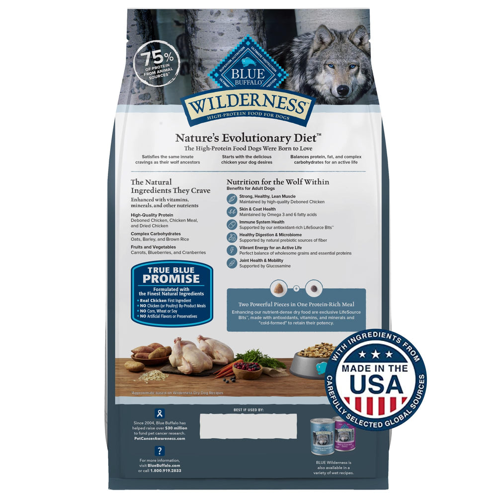 Blue Buffalo Wilderness alta proteína para apoyar desarrollo muscular en perros adultos