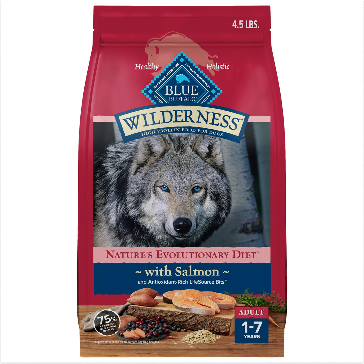 Blue Buffalo Wilderness con salmón real como ingrediente principal para una dieta natural.
