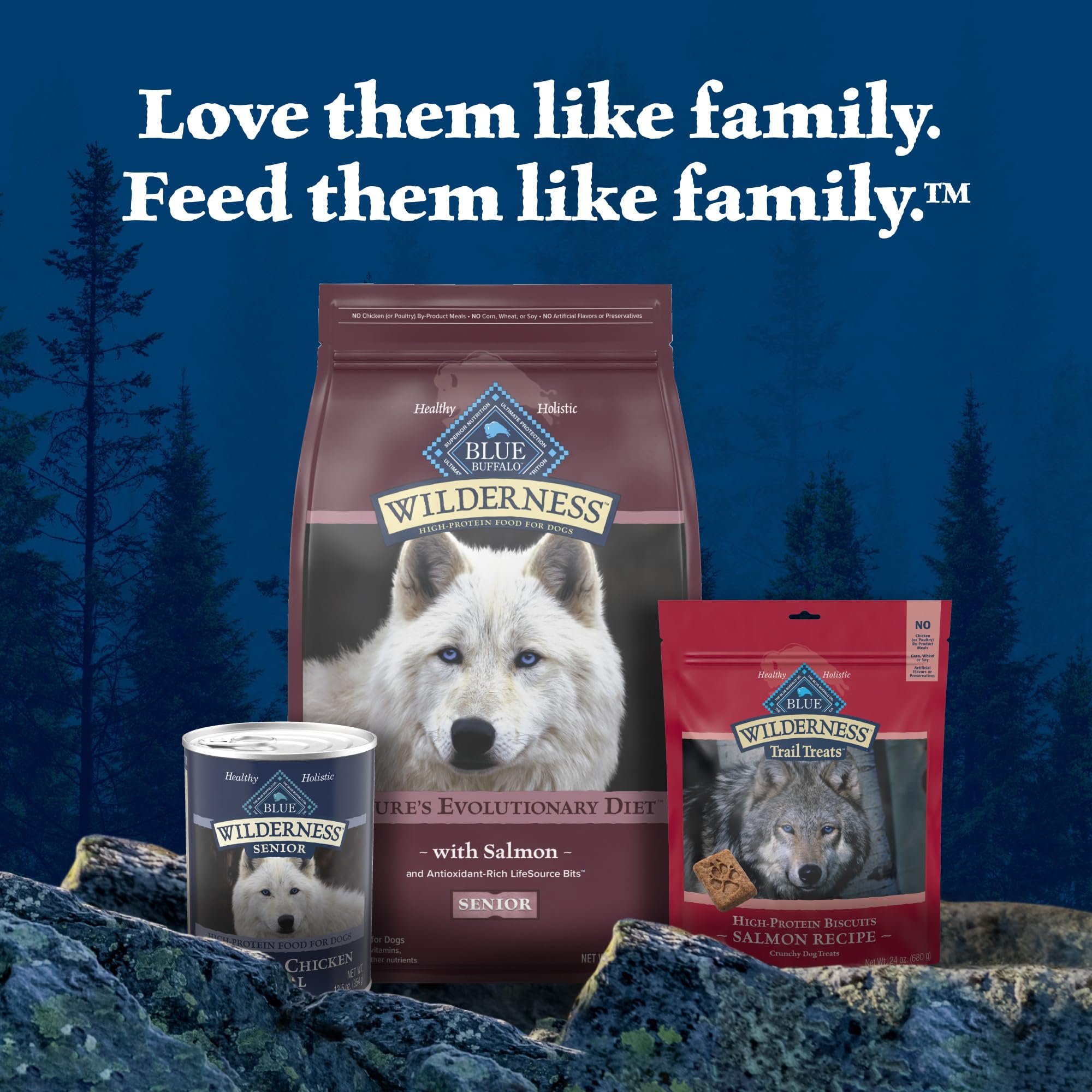 Blue Buffalo Wilderness Senior empaque digital mejorado que resalta ingredientes