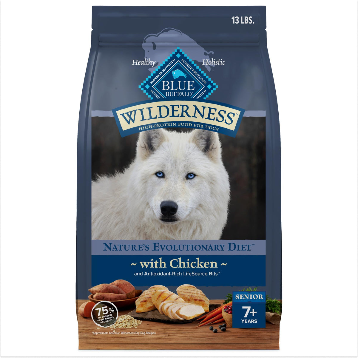 Blue Buffalo Wilderness Senior con pollo real como primer ingrediente para perros.