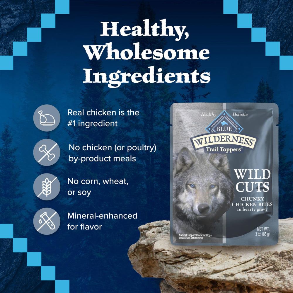 Blue Buffalo Wilderness sobres de 3 onzas para porciones prácticas.