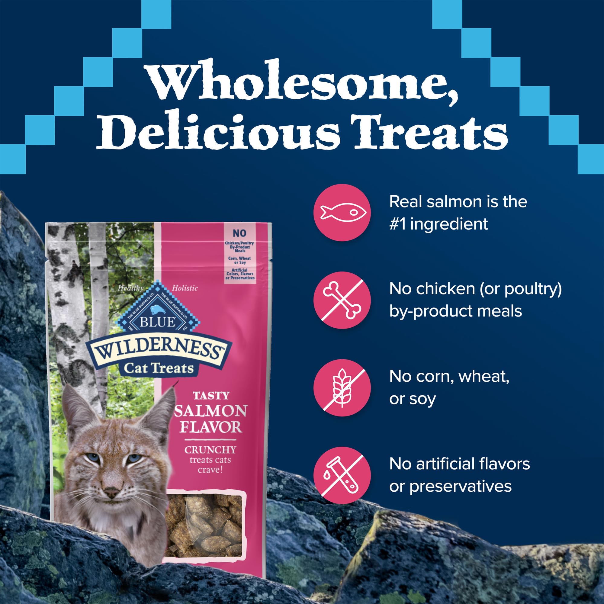 Premios Blue Buffalo Wilderness sin subproductos de pollo para gatos.