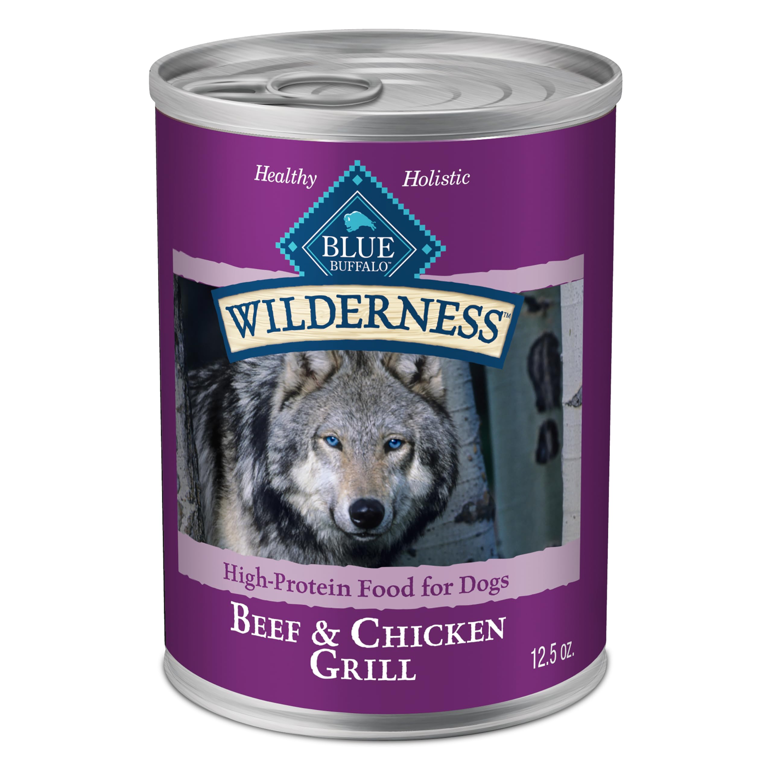 Blue Buffalo Wilderness ternera primer ingrediente, alimento húmedo para perros con proteína de calidad.