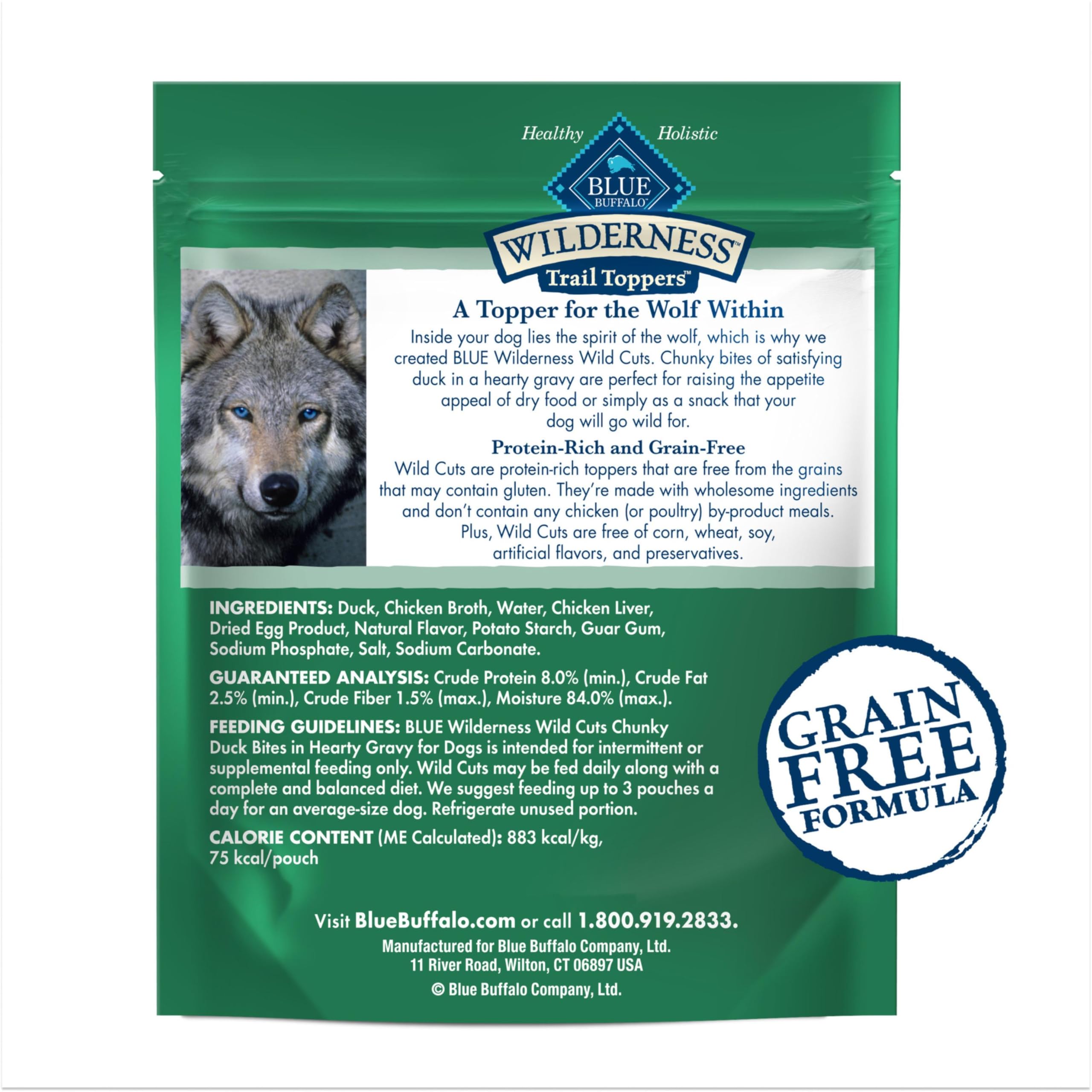 Blue Buffalo Wilderness Trail Toppers trozos de pato para premiar entre comidas.