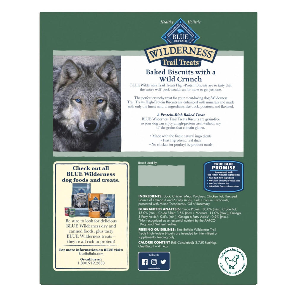 Blue Buffalo Wilderness Trail Treats pato real como primer ingrediente para sabor.