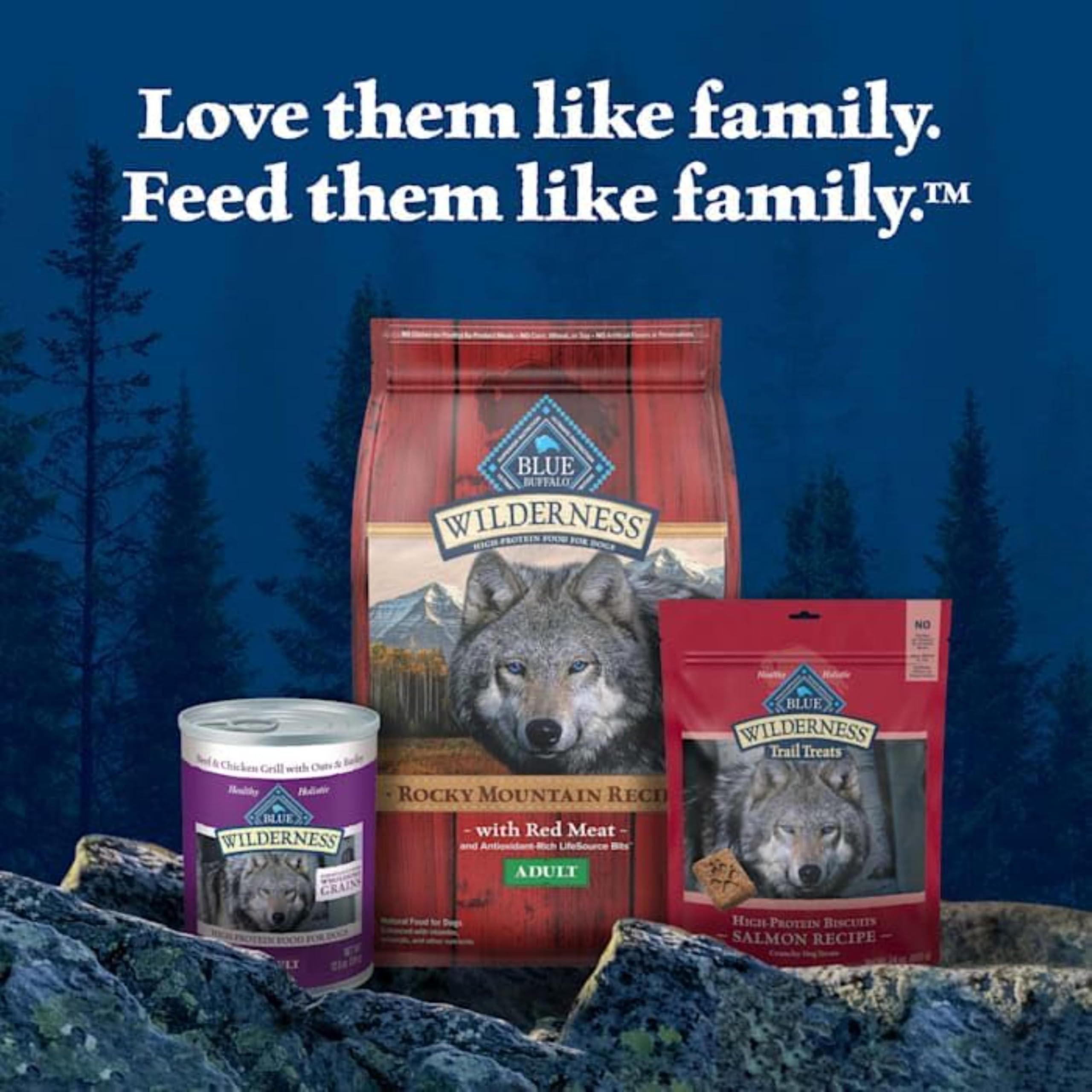 Blue Buffalo Wilderness embalaje mejorado: imagen destacada de ingredientes esenciales.