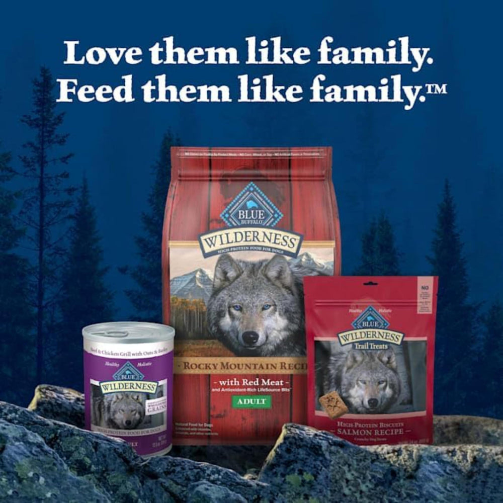 Blue Buffalo Wilderness embalaje mejorado: imagen destacada de ingredientes esenciales.