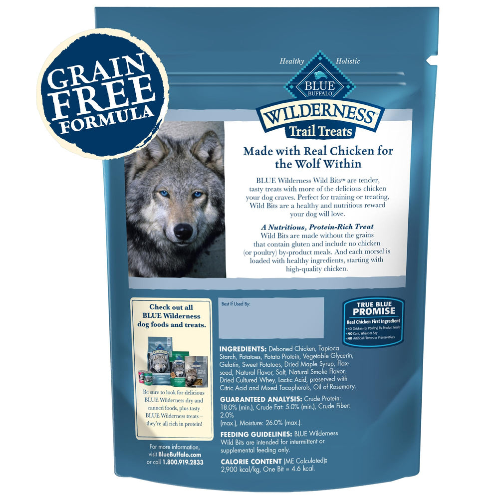 Blue Buffalo Wilderness Wild Bits textura blanda y masticable para reforzar conductas.