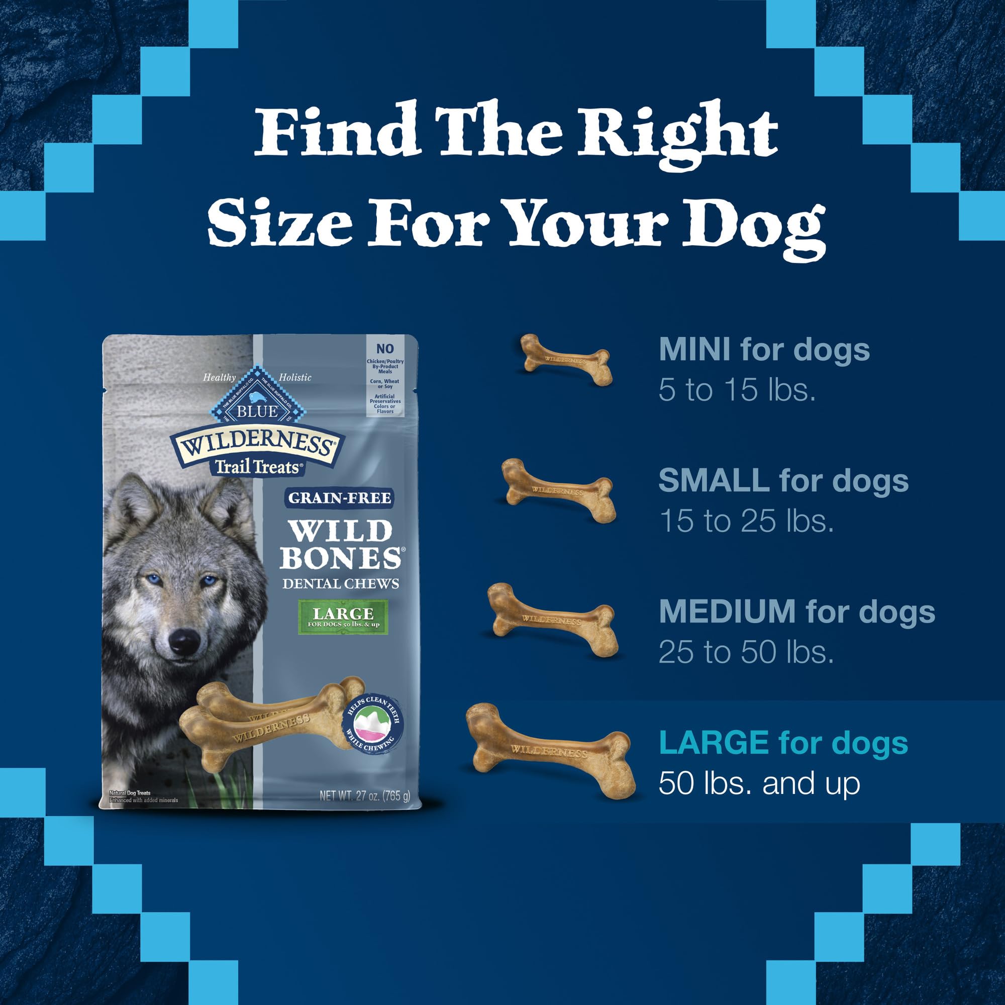Blue Buffalo Wilderness Wild Bones Grandes tamaño grande para perros de 50 lb o más.