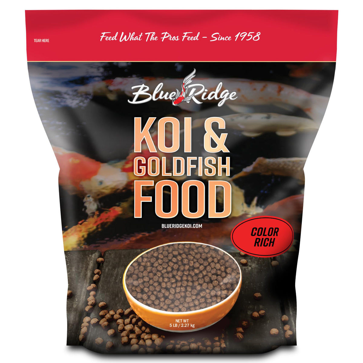 Blue Ridge Koi alimento rico en color en pellets flotantes para koi y goldfish.