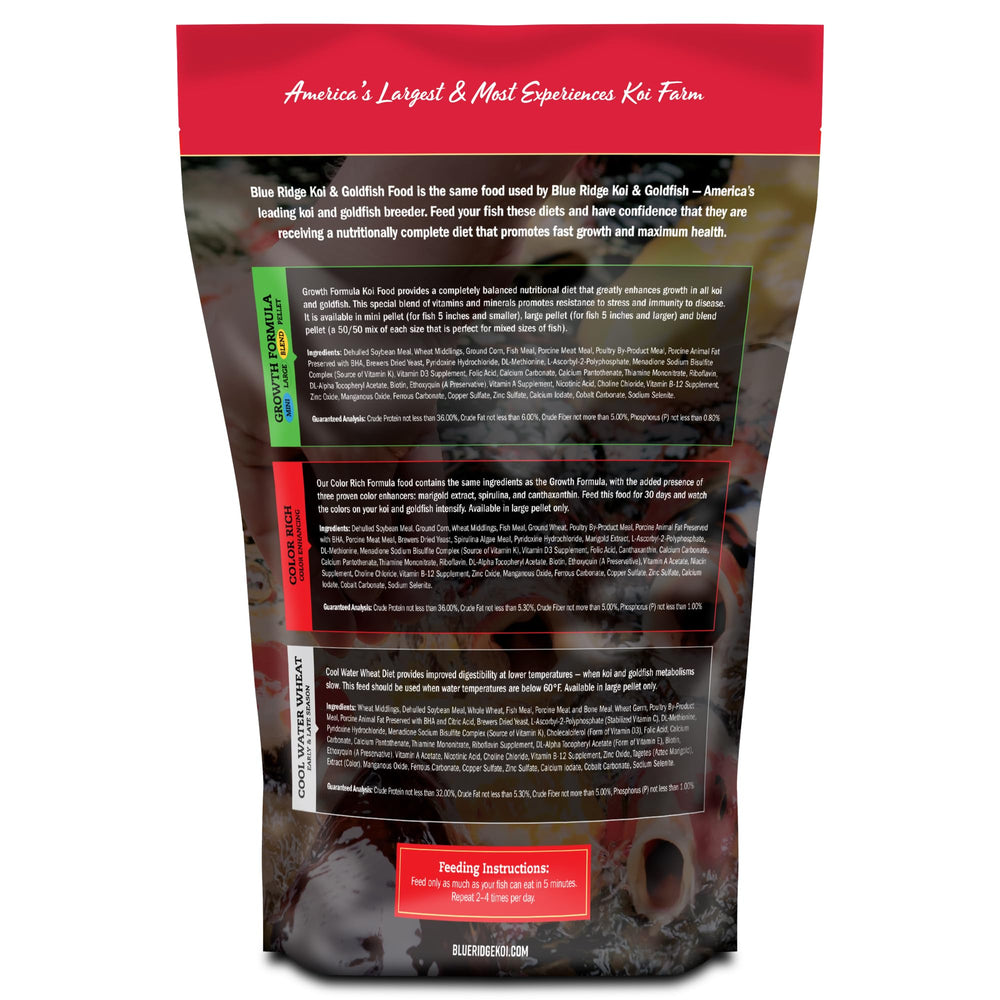 Blue Ridge Koi Pellets Flotantes 3-16 en estanque primer plano para alimentación superficial