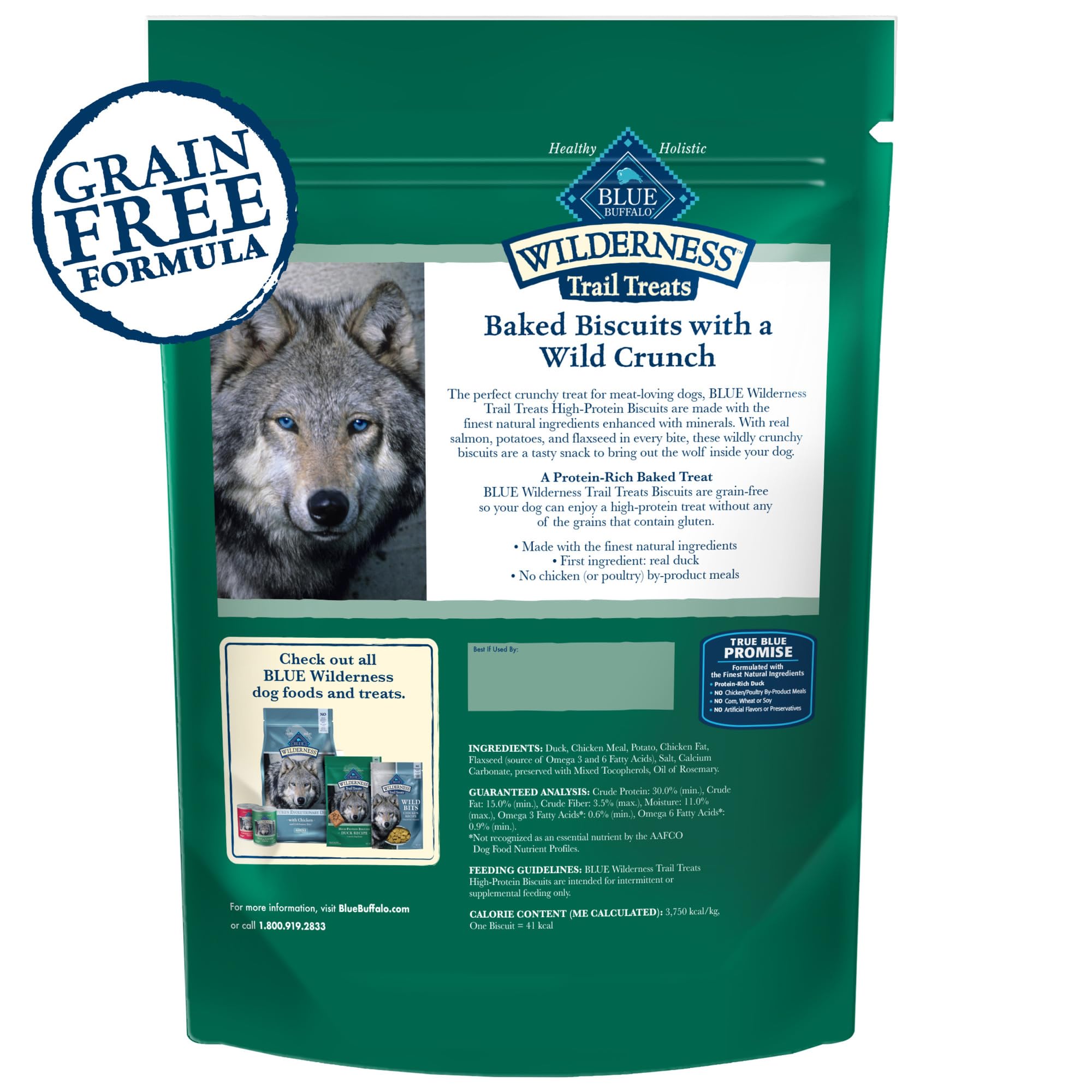 Blue Buffalo premio de pato sin granos para perros.