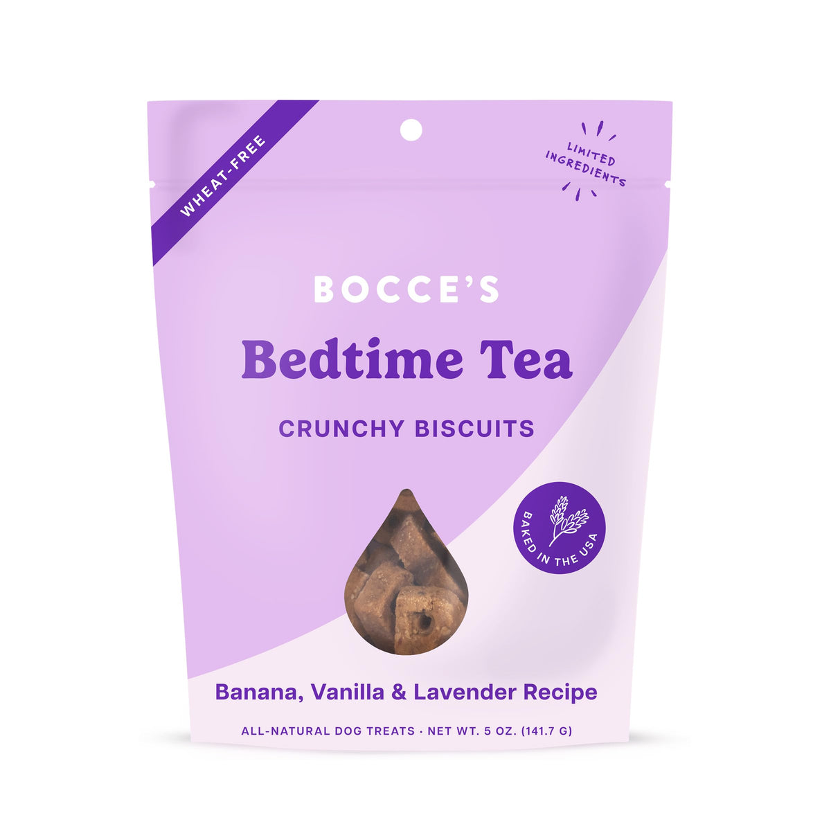Bedtime Tea de Bocce's Bakery en empaque de 5 oz, almacenamiento práctico para snacks diarios.