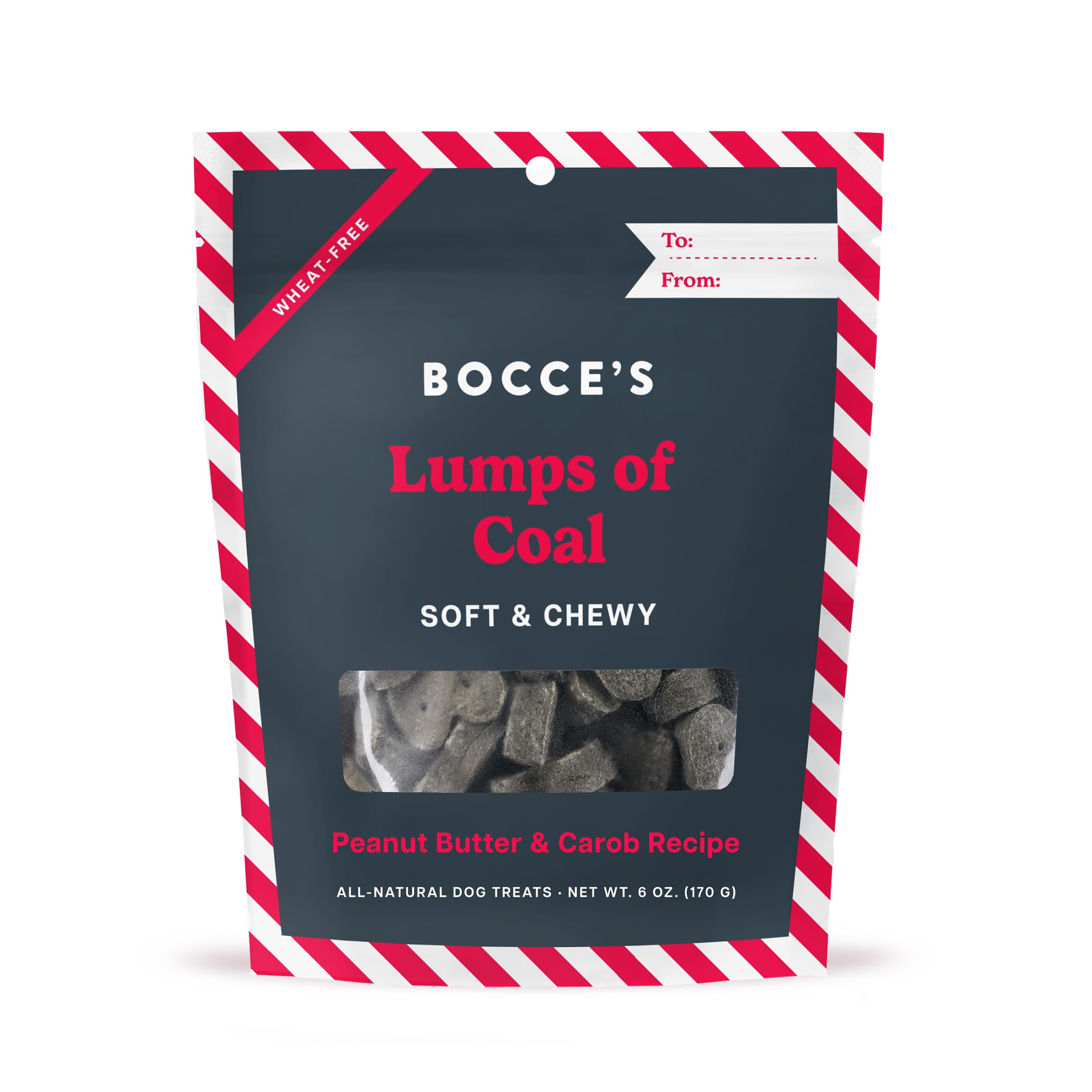 Bocce's Bakery trozos de carbón, bolsa navideña de golosinas para perros, ideal como premio festivo.