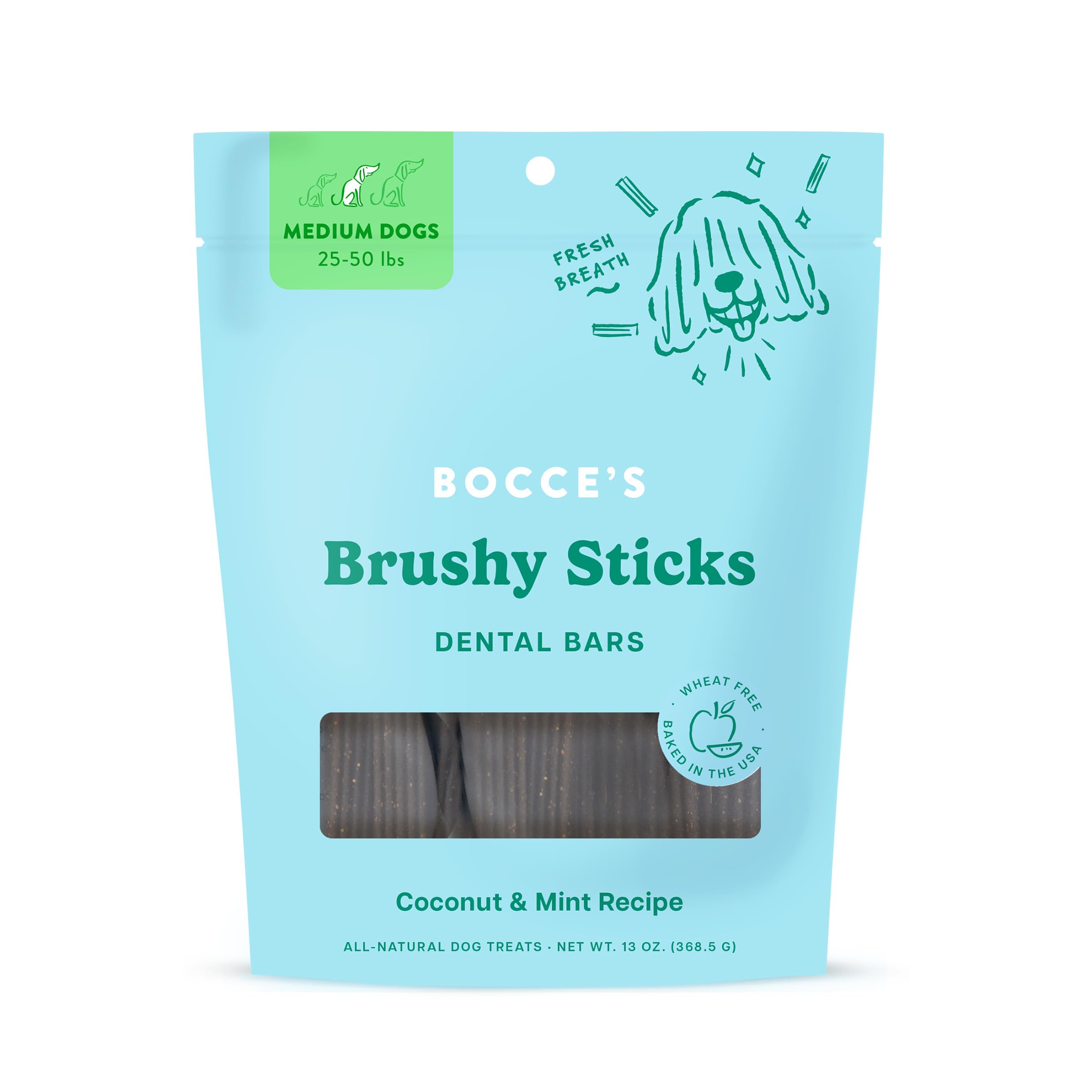 Bocce's Bakery Brushy Stick dentaire, forme brosse pour nettoyer les dents des chiens en douceur.