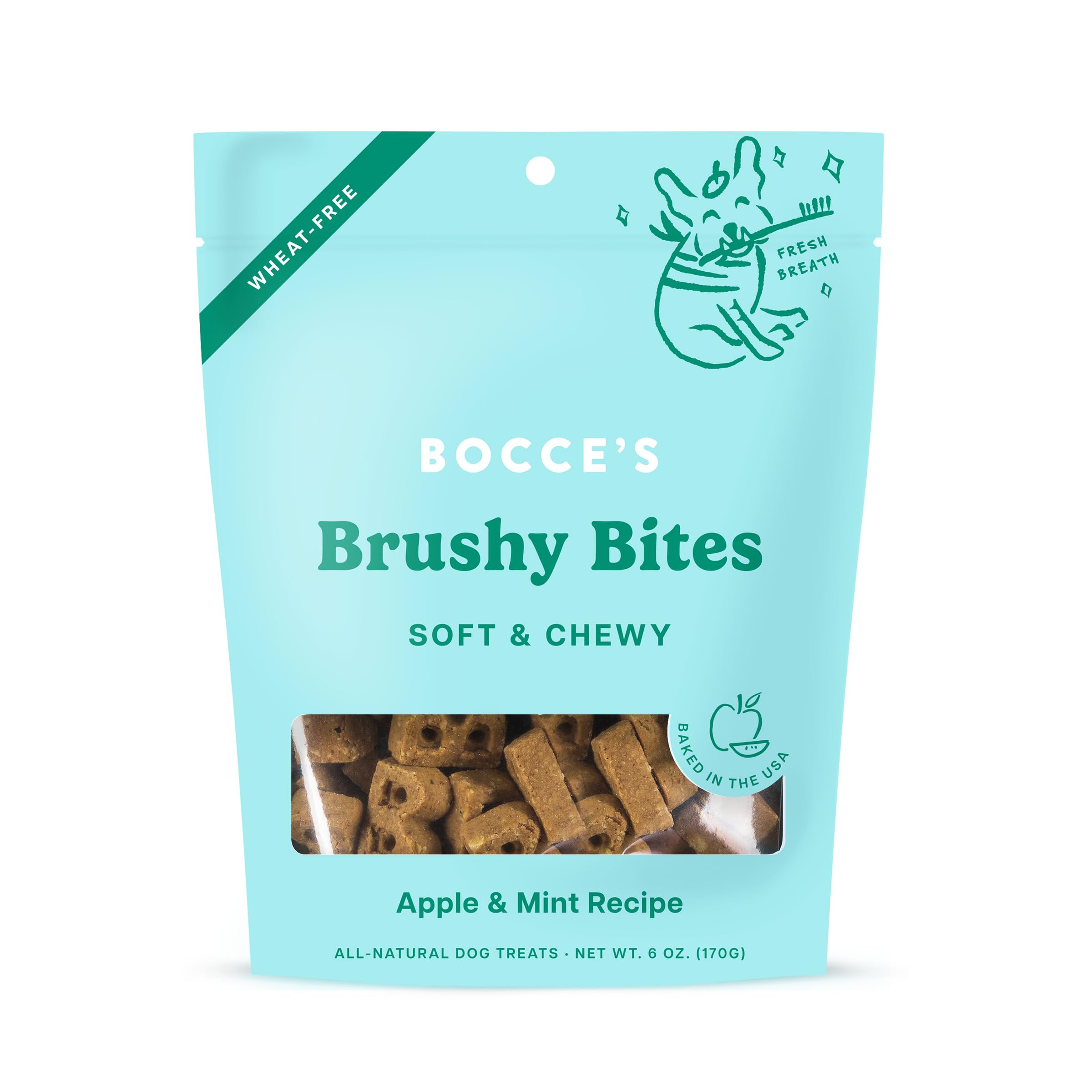 Bocce's Bakery Dailies Brushy Bites empaque visible, snack suave para perros.