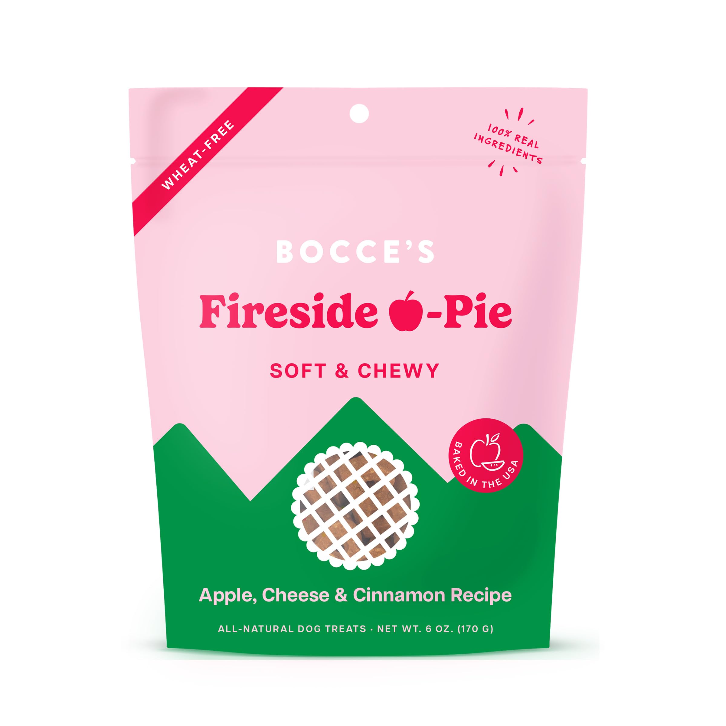 Embalaje de Bocce's Bakery Fireside Apple Pie para perros, snack sabroso y conveniente.