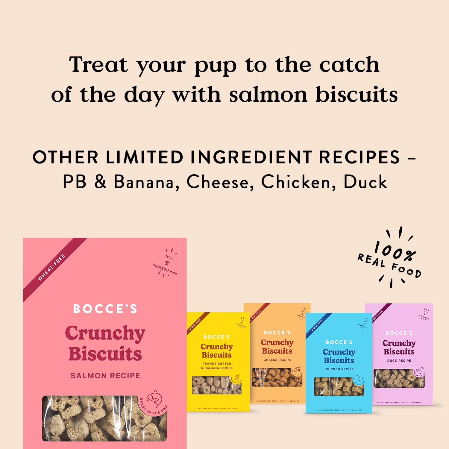 Bocce's Bakery galletas salmón sin trigo, opción libre de trigo para perros sensibles