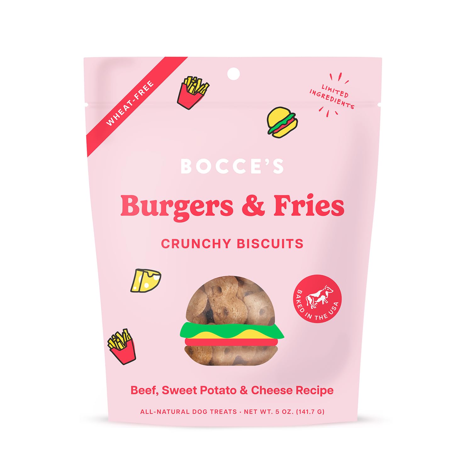 Bocce's Bakery galletas sin trigo con sabor hamburguesa y papas para premio diario para perros