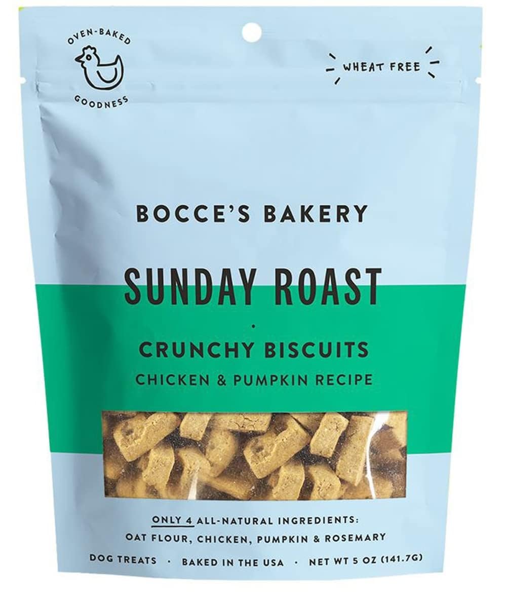 Galletas sin trigo para perros Bocce's Bakery, sabor pollo y calabaza.