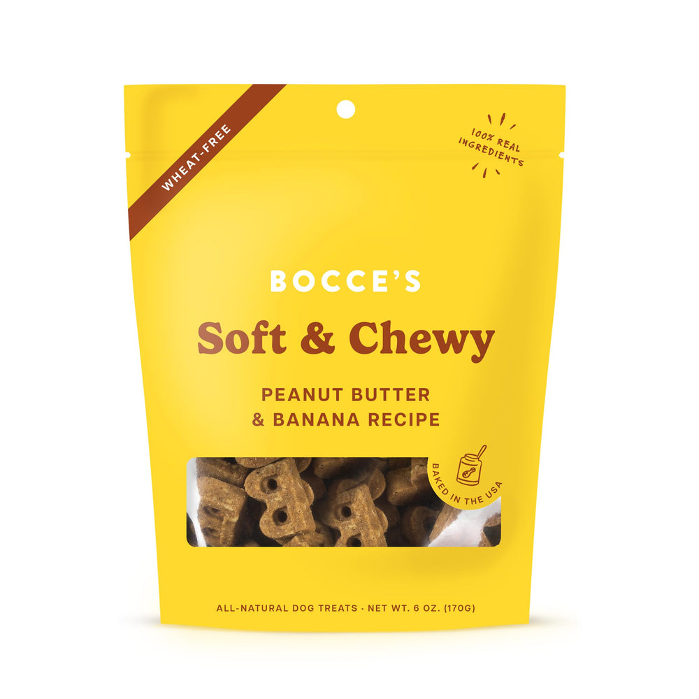 Galletas suaves Bocce's Bakery PB Banana para perros, ideales para mordidas suaves y dientes sensibles.
