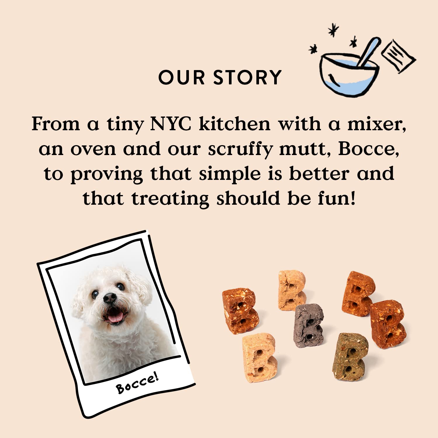 Producto hecho en EEUU con ingredientes locales de Bocce's Bakery.