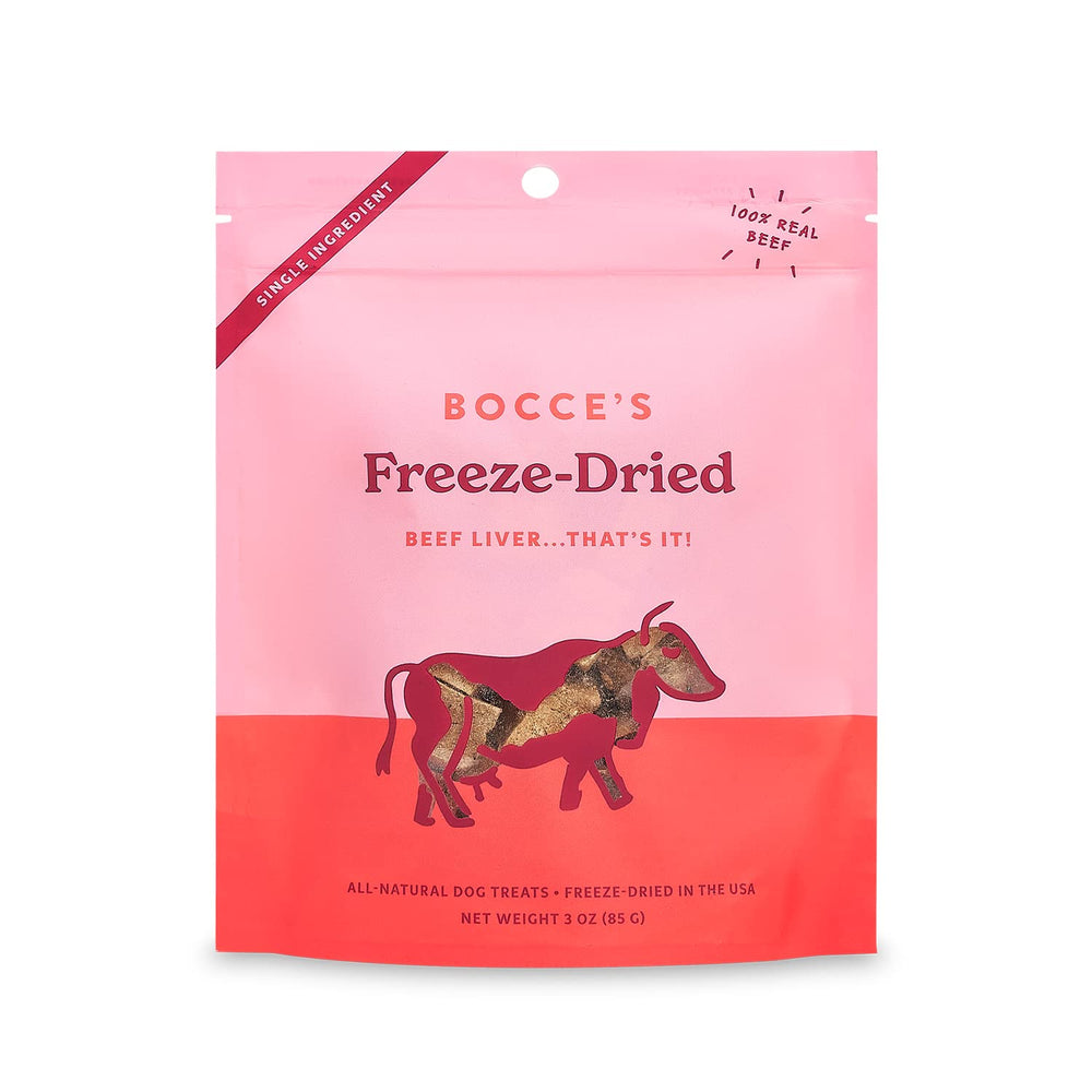 Bocce’s Bakery: higado de res liofilizado, snack para perros, texto de alto valor proteico.