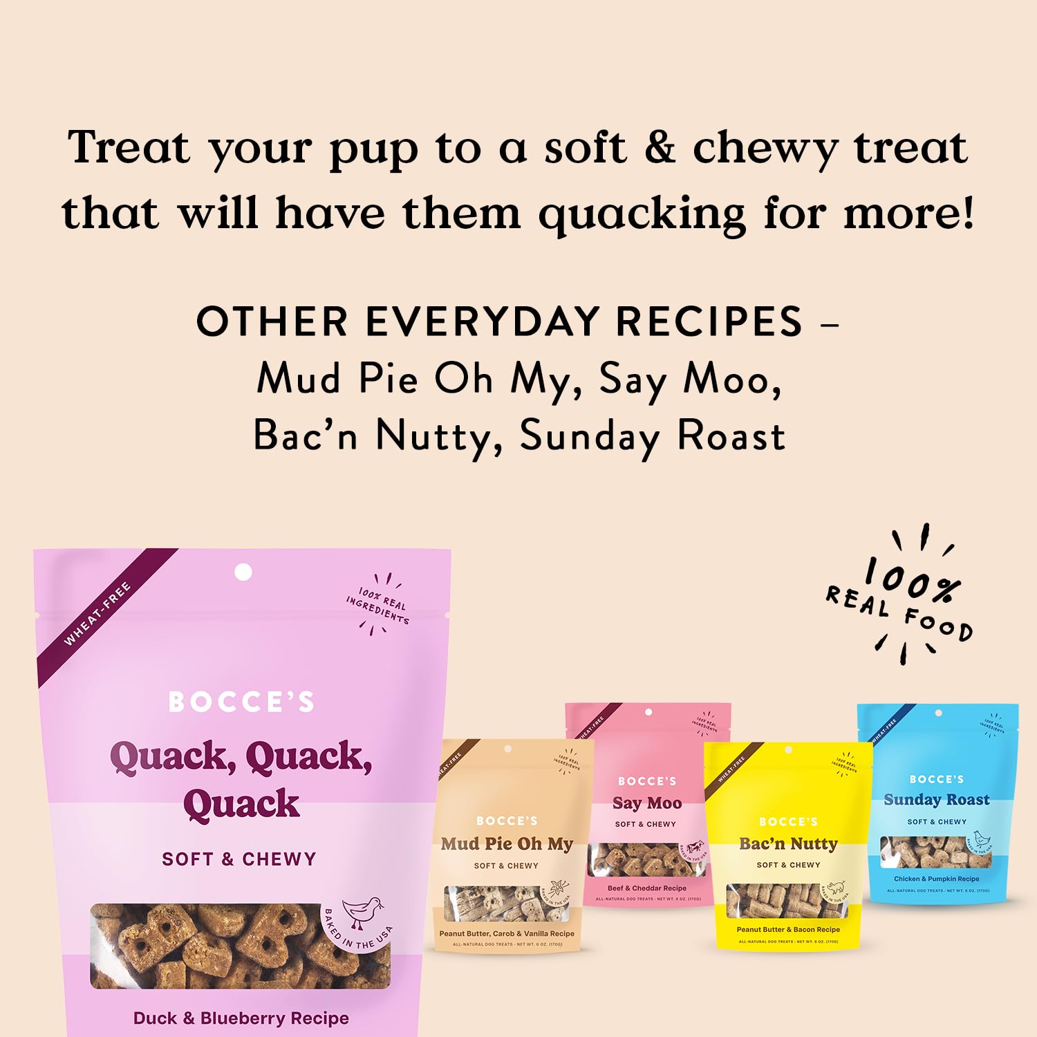 Bocce's Bakery ingredientes naturales para perros: avena, pato y arándanos