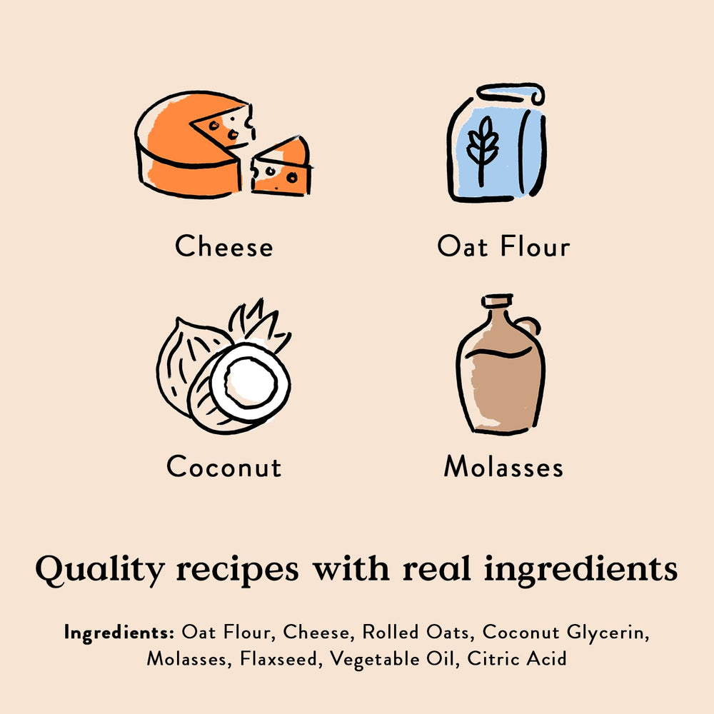 Ingredientes reales de queso y avena en Bocce's Bakery, sabor auténtico.