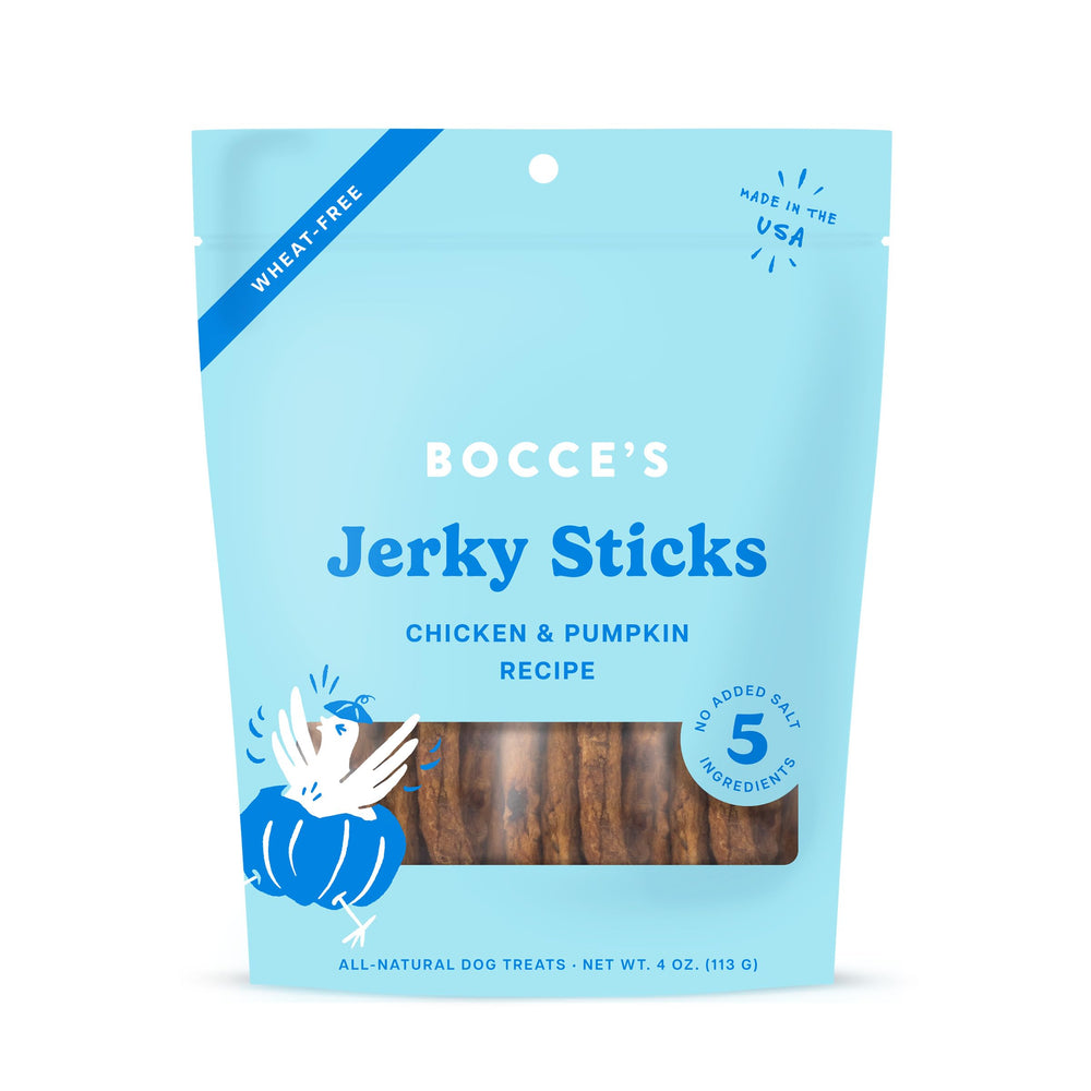 Bocce's Bakery Jerky Stick poulet et citrouille, texture tendre pour chiens actifs.