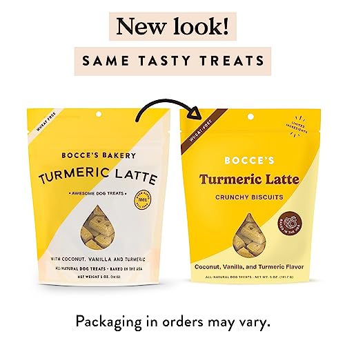 Golosinas Bocce's Turmeric Latte, enfoque en empaque, snack saludable para peludos.