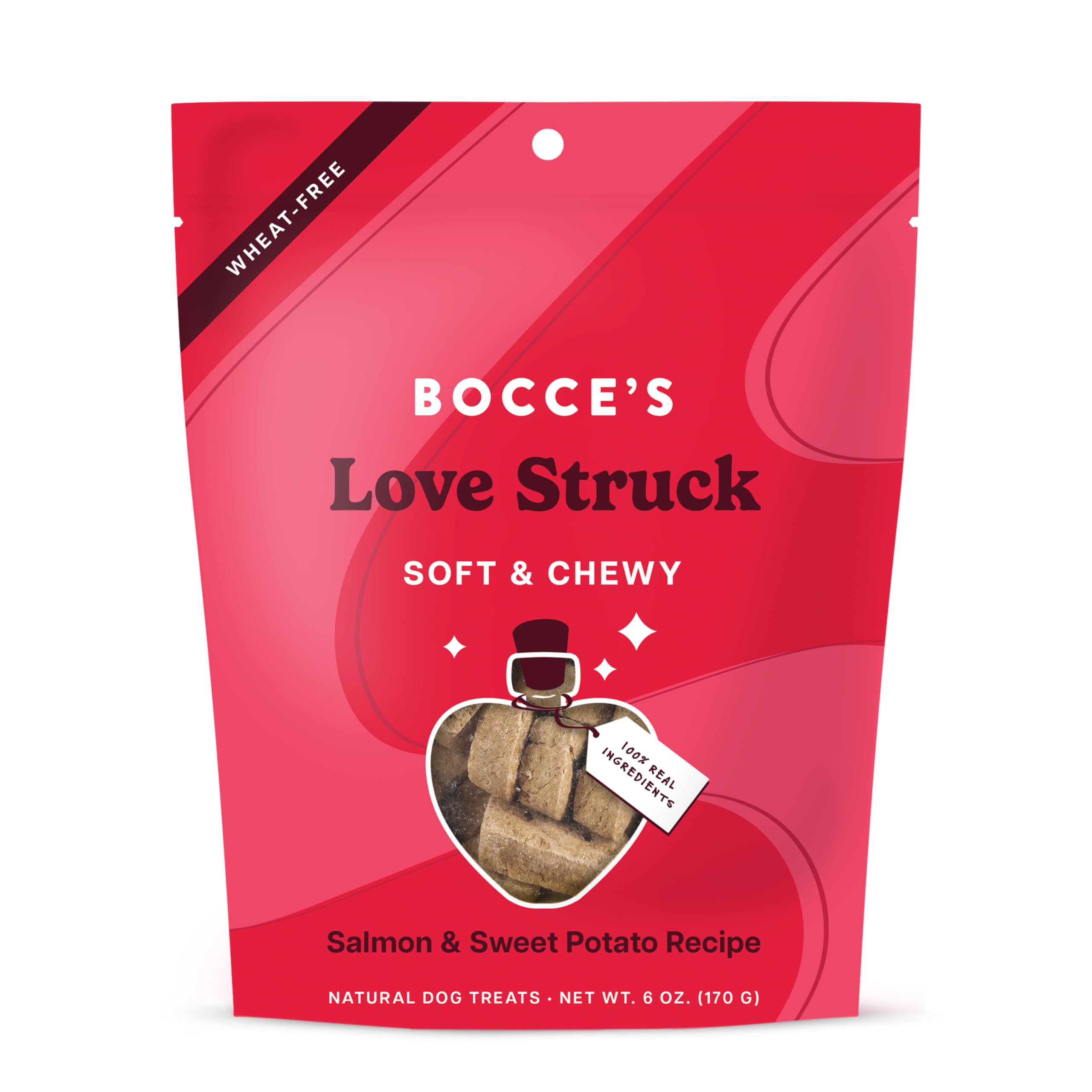 Golosina en forma de corazón de Bocce's Bakery para perros, con ingredientes reales.