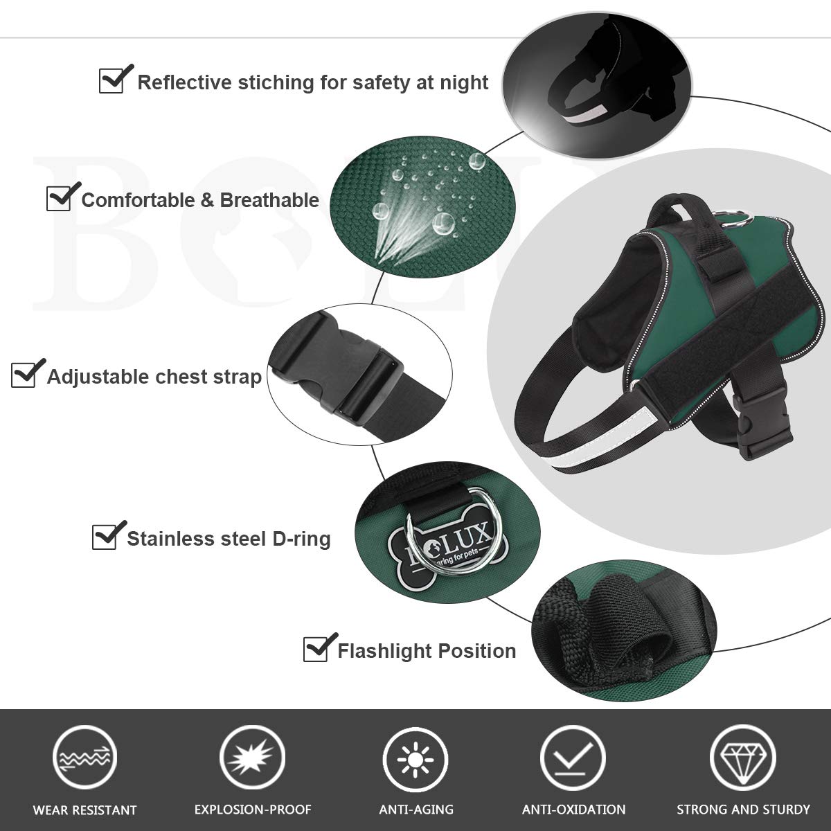 Bolux arnés medio con mango ergonómico para control suave durante caminatas.