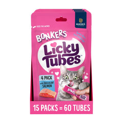 Bonkers Licky Tubes con salmón cremoso, 60 tubos para gatos.