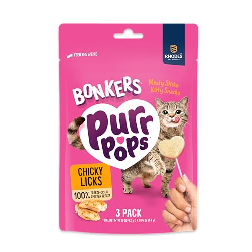 Gato mordiendo una piruleta de pollo Bonkers Purrpops