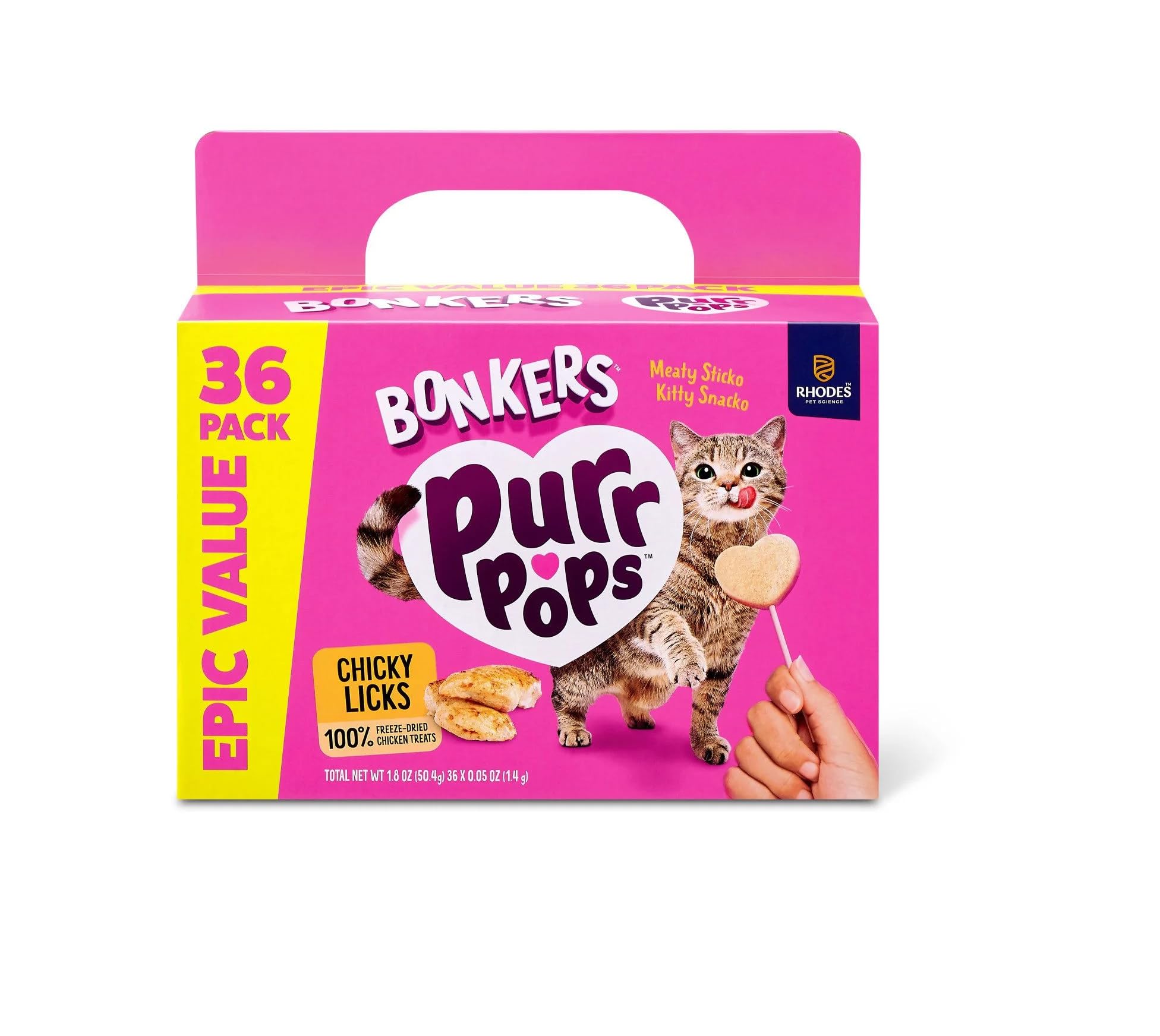 Bonkers Purrpops premio pollo deshidratado para gatos, sabor irresistible para premiar.