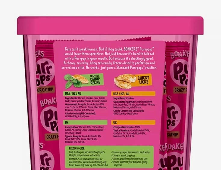 Bonkers Purrpops, sabores hierba gatera y pollo, ideal para premiar durante el juego.