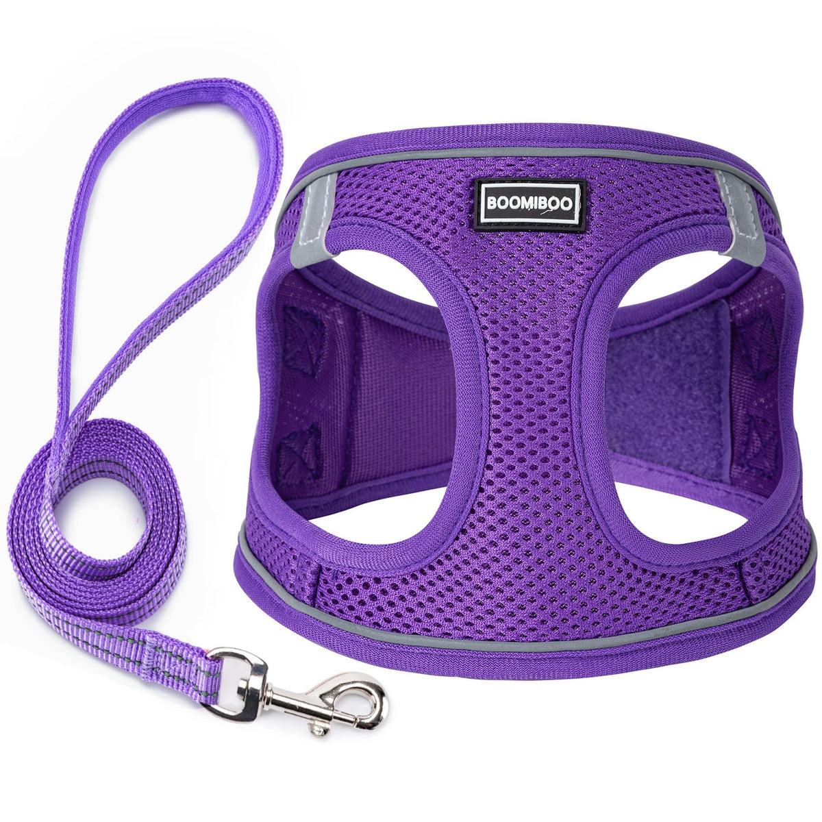 BOOMIBOO arnés para perro morado, vista frontal, mayor control en paseos.