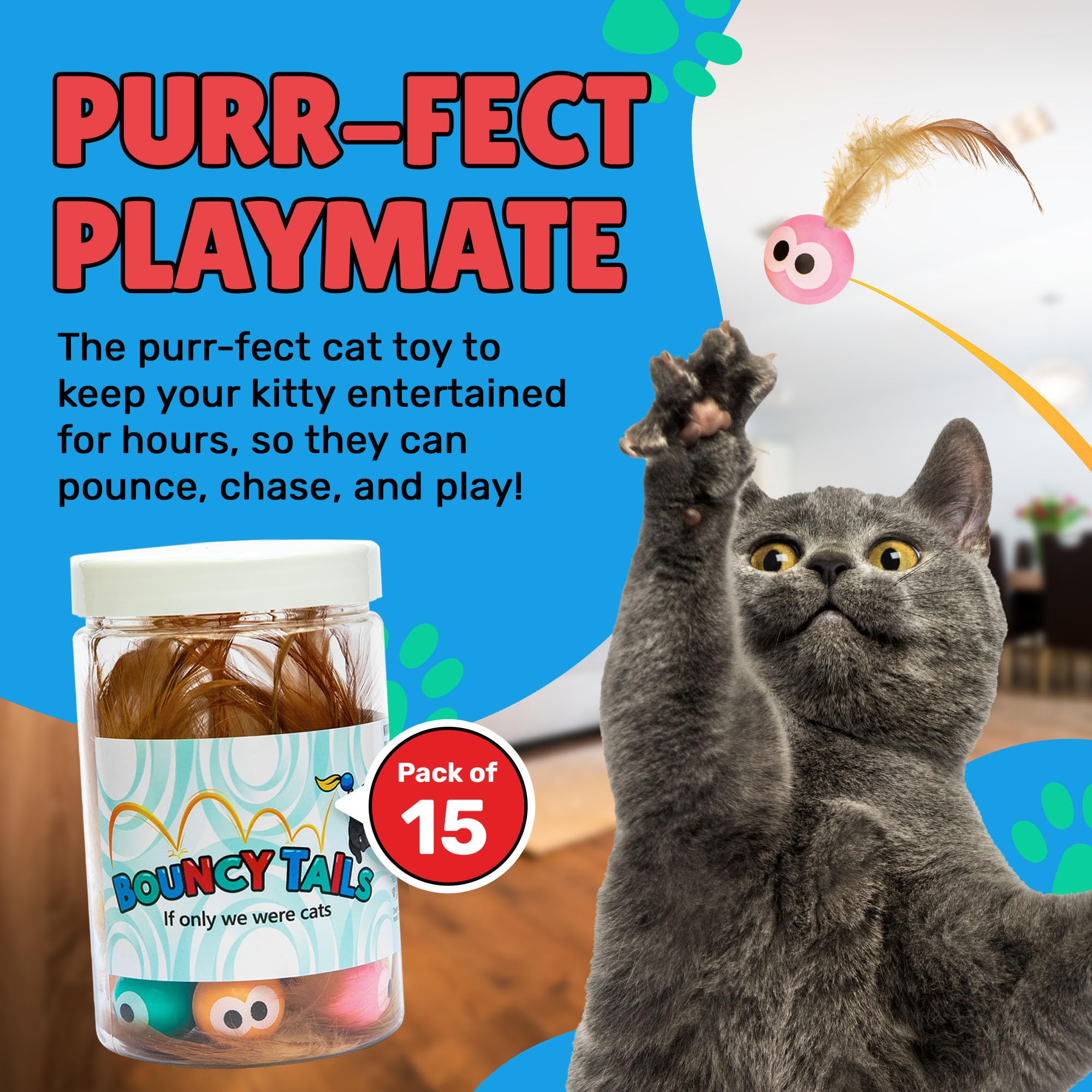 Bouncy Tails: juguete-gato-con-plumas, colores vivos para gatitos y felinos.
