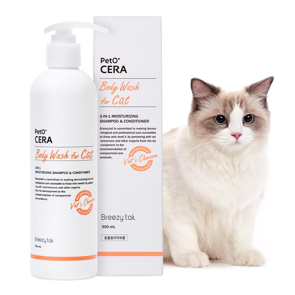 Breezytail PetO’Cera: bote con champú todo-en-uno para piel sensible de gatos, cuidado diario.